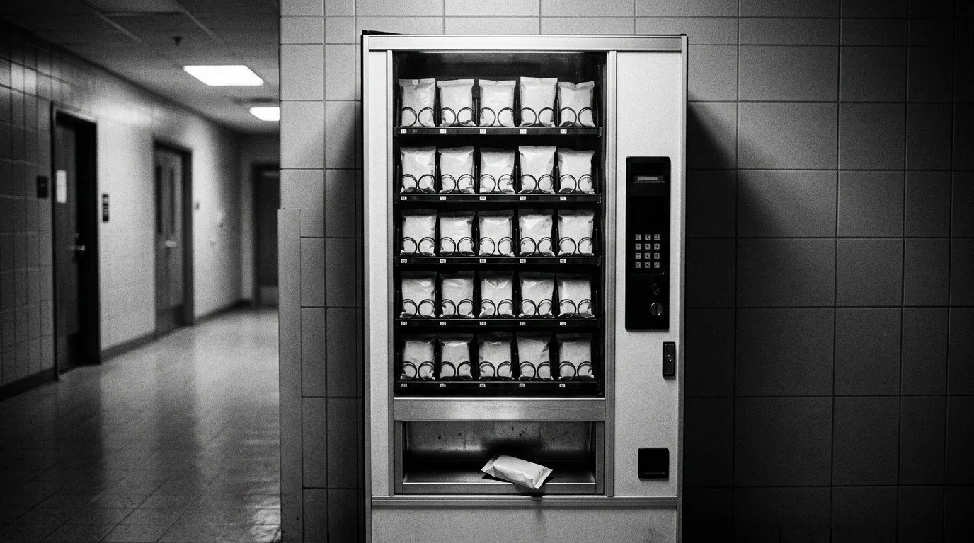 A vending machine in an empty corridor, every slot stocked with the same wrapped package, one fallen into the tray.