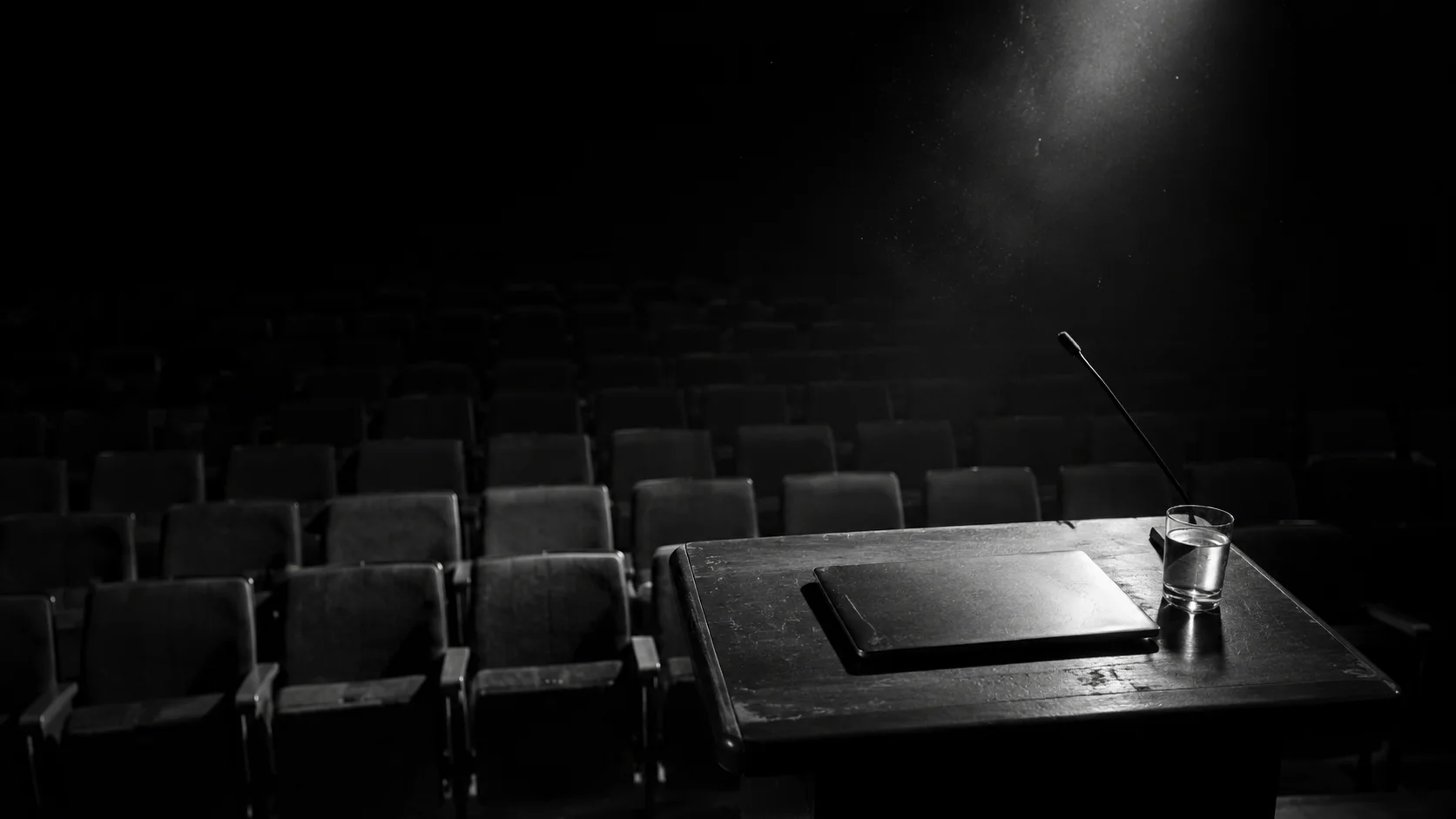 A spotlit lectern with a closed laptop, facing rows of empty auditorium seats.