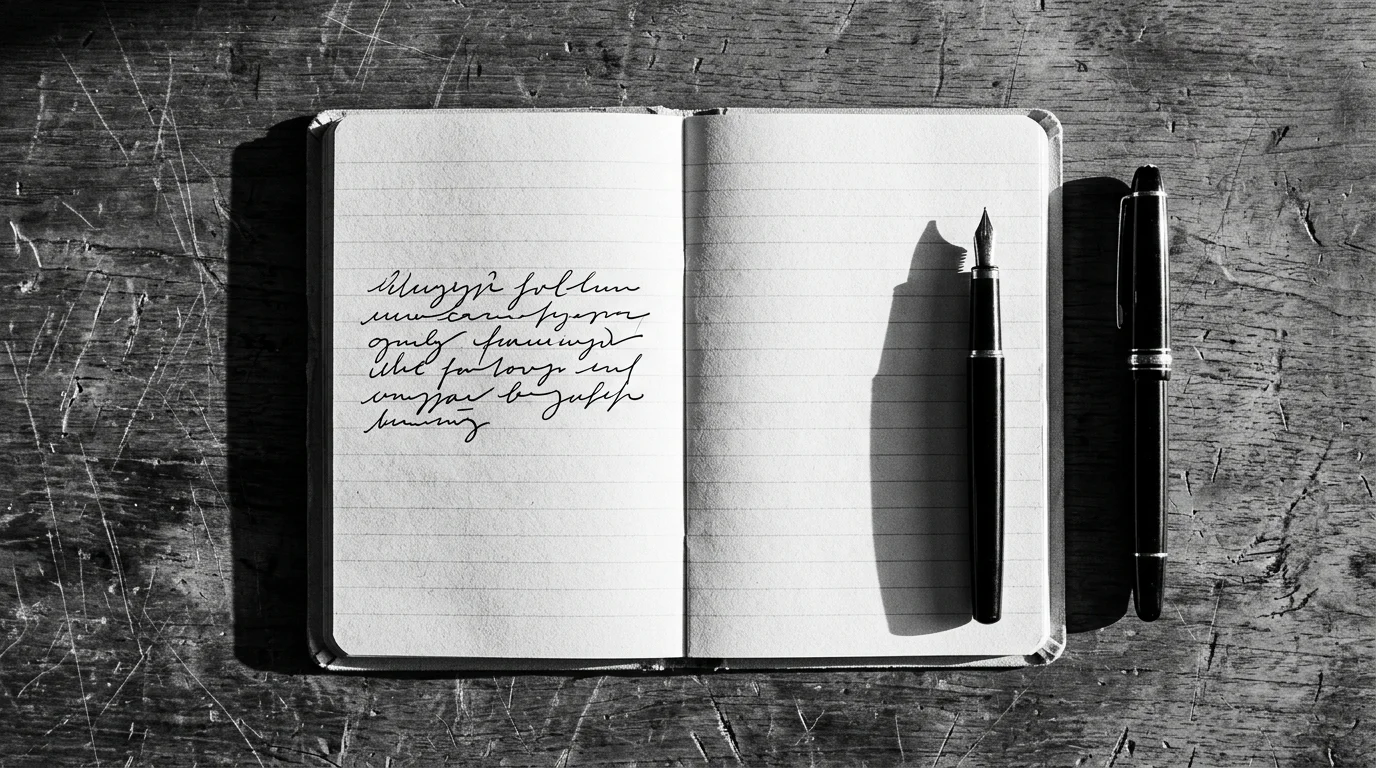 An open notebook photographed from above on a scratched wooden desk, a few short handwritten lines on the left page and the rest blank.