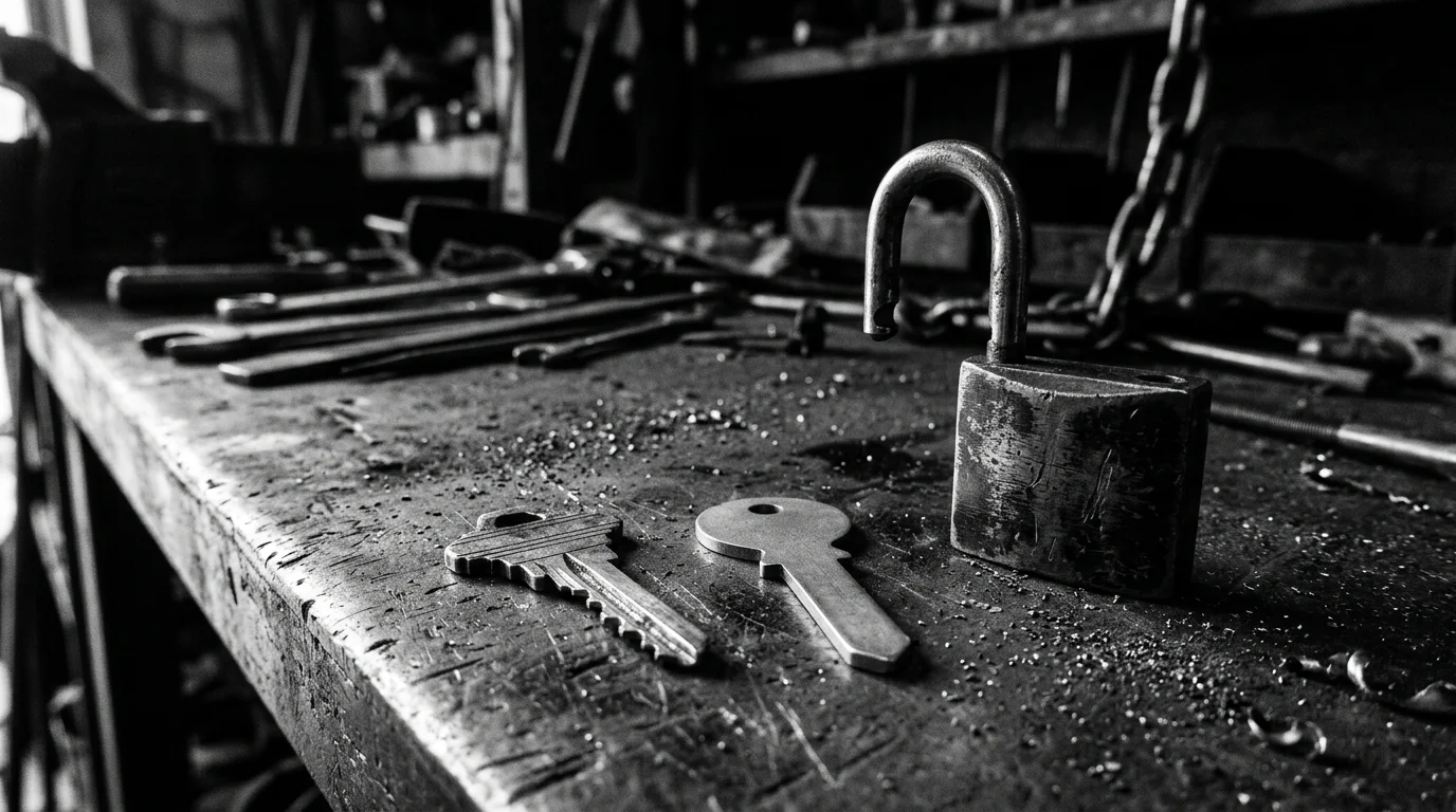 Two keys lying on a scratched workbench in hard light, one cut and one uncut, beside an open padlock.