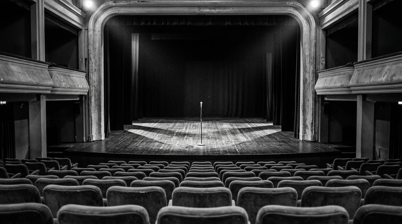 An empty theatre seen from the back of the auditorium: one microphone alone on a lit stage, every seat empty.