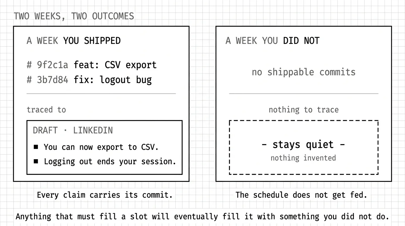 A shipped week producing a grounded post, and a quiet week producing a dashed empty frame.